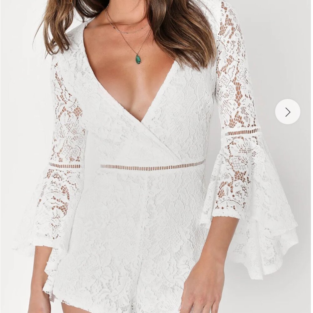 NWOT Lulus White Lace Faux Wrap Romper - Babygirl Style, Boho Cottagecore size M